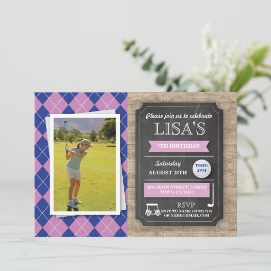 ゴルフゴルフをする女の子の誕生会の写真の招待 招待状 (スタンド正面)