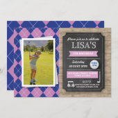 ゴルフゴルフをする女の子の誕生会の写真の招待 招待状 (正面/裏面)
