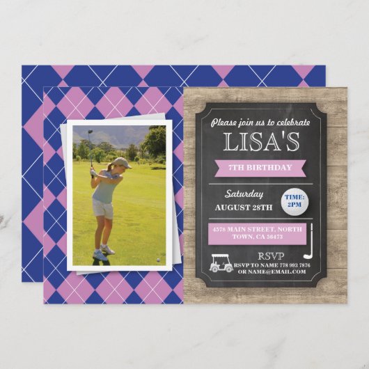 ゴルフゴルフをする女の子の誕生会の写真の招待 招待状 (正面/裏面)