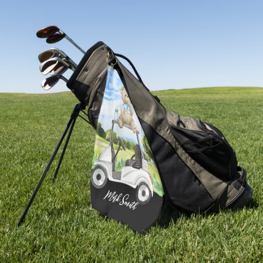 ゴルフゴルファー用ゴルフカート上のゴルフテディベア ゴルフタオル (グリーン)