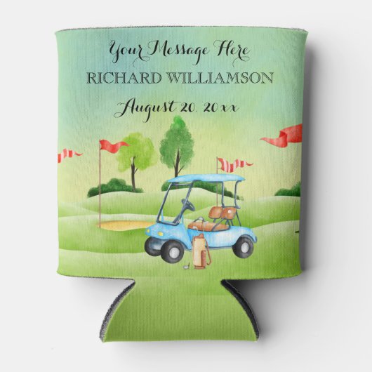 ゴルフゴルファー緑のカートパーソナライズされた 缶クーラー (正面)