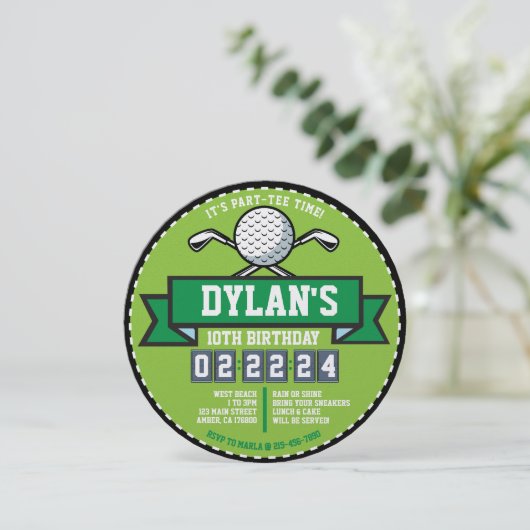 ゴルフゴルフゴルフゲームスポーツ子供の誕生日パーティーラウンド 招待状 (スタンド正面)