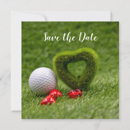 ゴルフゴルフボールとハートで日付を保存 招待状 (正面)