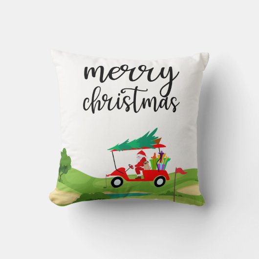 ゴルフサンタクロースは赤いカートに乗るクリスマスツリー クッション (正面)