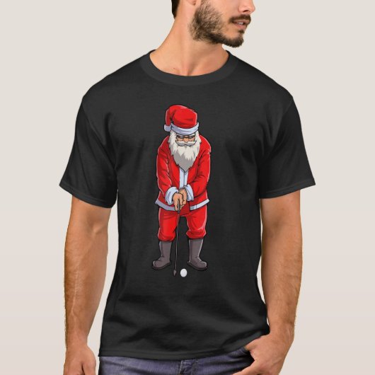 ゴルフサンタゴルファーのクリスマスクラブハットボールクリスマス Tシャツ (正面)