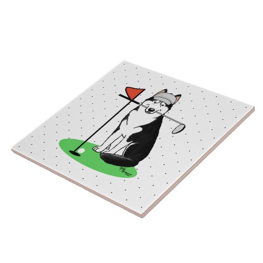 ゴルフシベリアのハスキー（黒）犬遊のかわいいおもしろい タイル (側面)