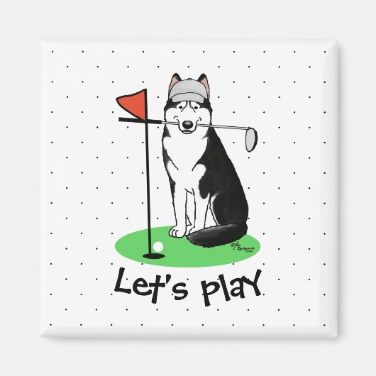 ゴルフシベリアのハスキー（黒）犬遊のかわいいおもしろい マグネット (正面)