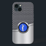 ゴルフスイングスポーティなメタリックルック iPhone 13ケース<br><div class="desc">このカスタムデザインは銀金属のアクセント男らしを持つグレーメッシュパターンを特徴とする訴求力のある保護ケフェイクースである。ゴルファーのティーオフで銀、黒と青のラウンドのメダリオンで飾られ、このデザインはゴルフ愛好家のための素晴らしである。</div>