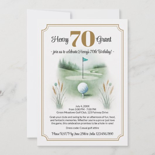ゴルフスタイリッシュ70番目の誕生日招待状 招待状 (正面)
