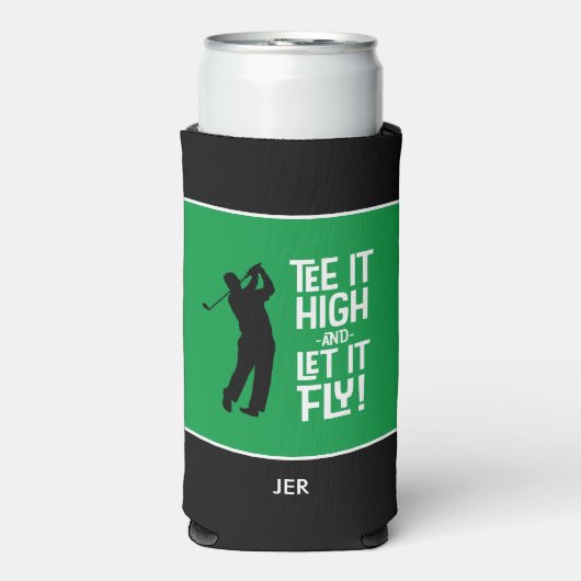ゴルフスポーツおもしろいティー引用文かわいいメンズブラックグリーン スリム缶クーラー (Seltzer正面)