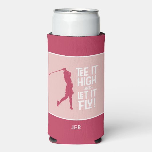 ゴルフスポーツティおもしろいー引用文キュートマゼンタレッドピンク スリム缶クーラー (Seltzer正面)