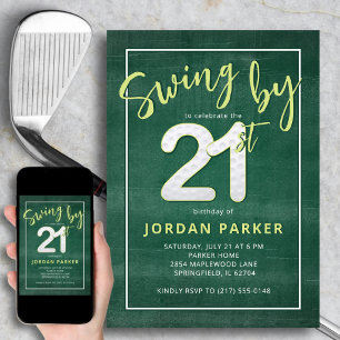 ゴルフテーマの「Swing By」21歳の誕生日おしゃれグリーン 招待状