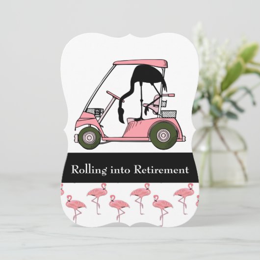 ゴルフテーマ退職パーティーゴルフカートフラミンゴ 招待状 (スタンド正面)