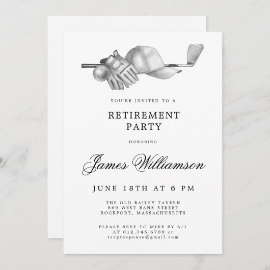 ゴルフテーマ退職パーティー白黒 招待状 (正面/裏面)