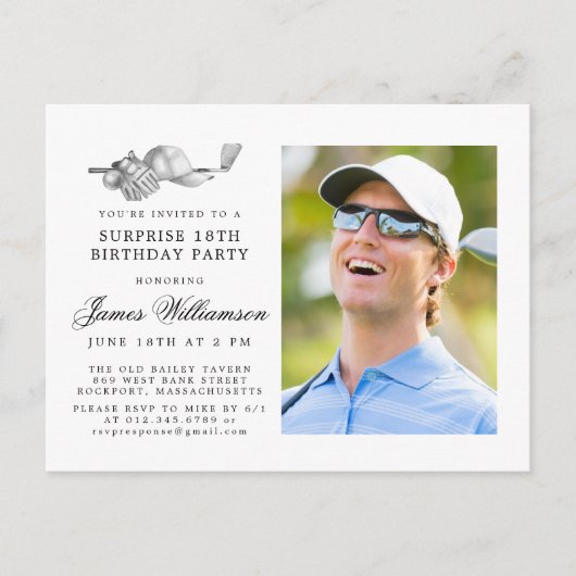 ゴルフテーマ18thサプライズ誕生日パーティーフォト インビテーションポストカード (正面)