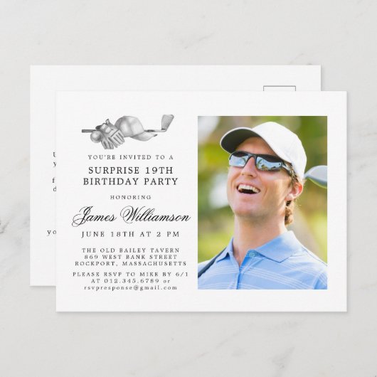 ゴルフテーマ19thサプライズ誕生日パーティーフォト インビテーションポストカード (正面/裏面)