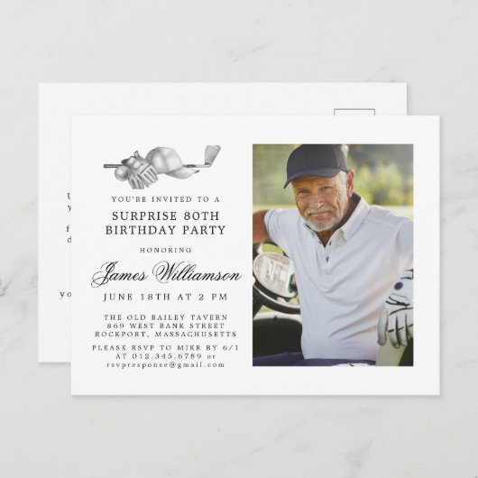 ゴルフテーマ80thサプライズ誕生日パーティーフォト インビテーションポストカード (正面/裏面)