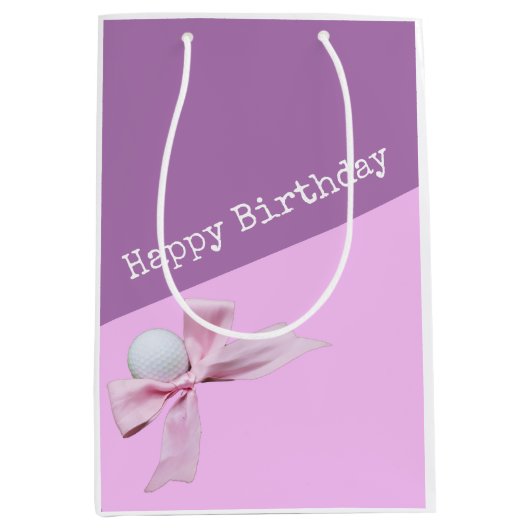 ゴルフハッピーバースデー（ゴルフボールとピンクリボン付き） ミディアムペーパーバッグ (正面)
