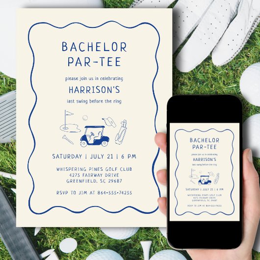 ゴルフバチュラーパーティラストスイングハンドドロッドブルー 招待状