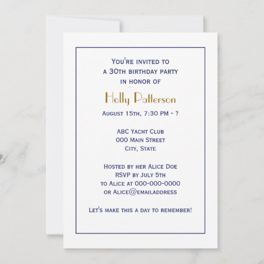 ゴルフバッグゴルフクラブブルー30th誕生日パーティー 招待状 (裏面)