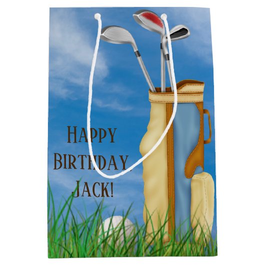 ゴルフバッグ及び芝生にボールを持つクラブ ミディアムペーパーバッグ (正面)