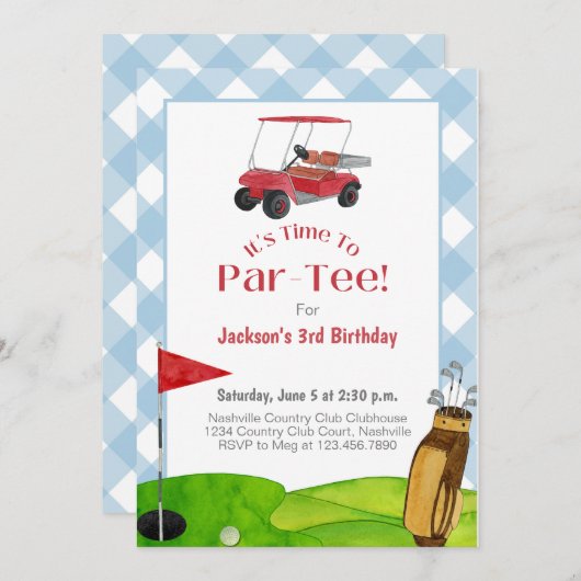 ゴルフバースデーパーティーリタイアメントブルーウォーター色 招待状 (正面/裏面)