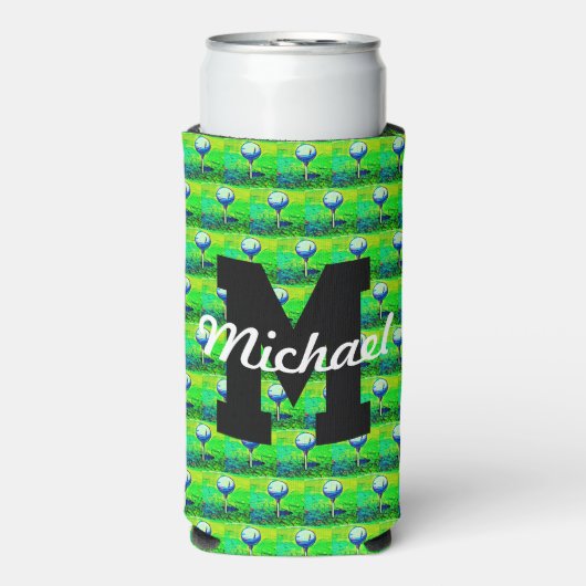ゴルフパターカラフルンモノグラムティーオフネームスポーツ スリム缶クーラー (Seltzer正面)