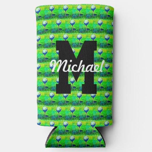 ゴルフパターカラフルンモノグラムティーオフネームスポーツ スリム缶クーラー (正面)