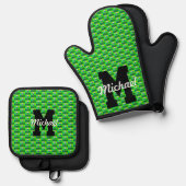 ゴルフパターカラフルンモノグラムティーオフネームスポーツ 鍋つかみ&鍋敷きセット (正面/裏面)