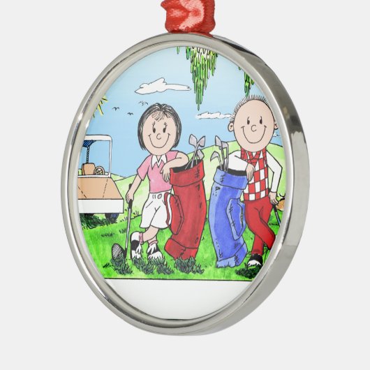 ゴルフパーソナライズされたカップル風刺漫画 メタルオーナメント (左)