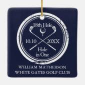 ゴルフパーソナライズされたホールインワンレトロネイビーブルー セラミックオーナメント (裏面)