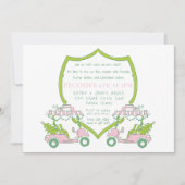 ゴルフパーティー ピンクのゴルフカート 緑のクレスト クリスマス 招待状 (正面)