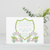 ゴルフパーティー ピンクのゴルフカート 緑のクレスト クリスマス 招待状 (スタンド正面)