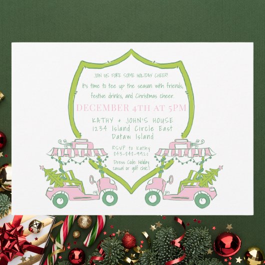 ゴルフパーティー ピンクのゴルフカート 緑のクレスト クリスマス 招待状