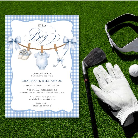 ゴルフブルーギンガム物干しロープ ベビーボーイシャワー 招待状