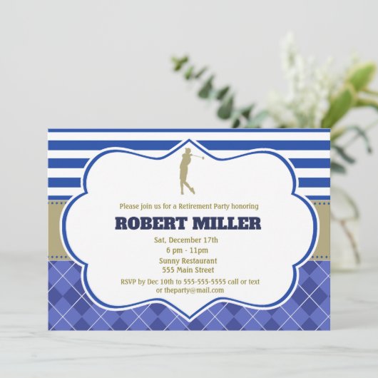ゴルフブルー金ゴールド大人の退職パーティの招待状 招待状 (スタンド正面)