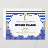 ゴルフブルー金ゴールド大人誕生日招待状 招待状 (正面/裏面)