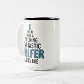 ゴルフプレーおもしろいヤーことわざコーチゴルフコーヒー旅行 ツートーンマグカップ (正面左)