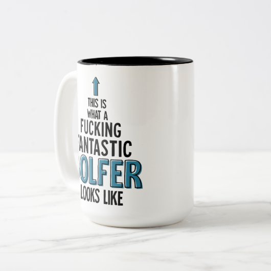 ゴルフプレーおもしろいヤーことわざコーチゴルフコーヒー旅行 ツートーンマグカップ (正面左)