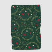 ゴルフプレーヤー用モノグラムパターン暗緑色 ゴルフタオル (正面)