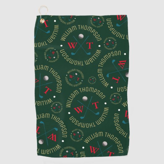 ゴルフプレーヤー用モノグラムパターン暗緑色 ゴルフタオル (正面)