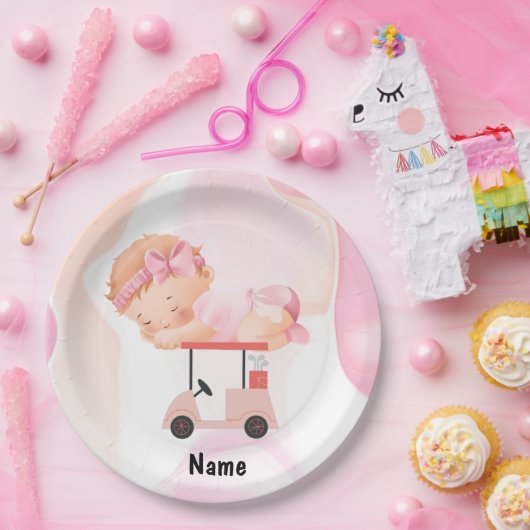 ゴルフベビーガールオンゴルフカートとゴルフバッグピンク ペーパープレート (パーティー)