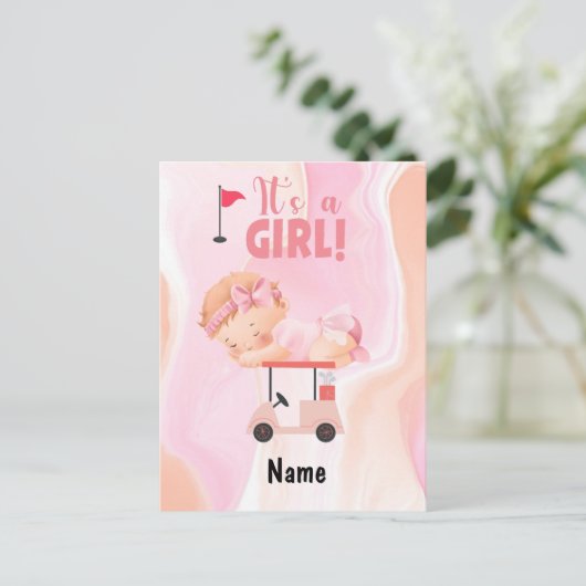 ゴルフベビーガールオンゴルフカートとゴルフバッグピンク ポストカード (スタンド正面)