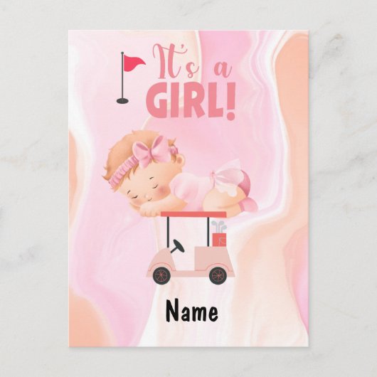 ゴルフベビーガールオンゴルフカートとゴルフバッグピンク ポストカード (正面)