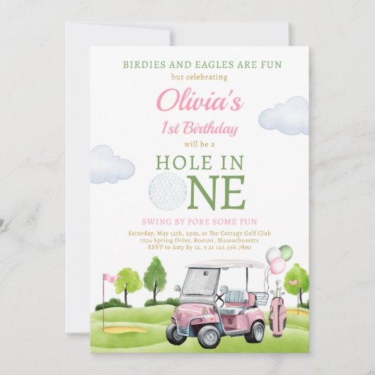 ゴルフホールインワンガールファースト誕生日パー – ティー 招待状 (正面)
