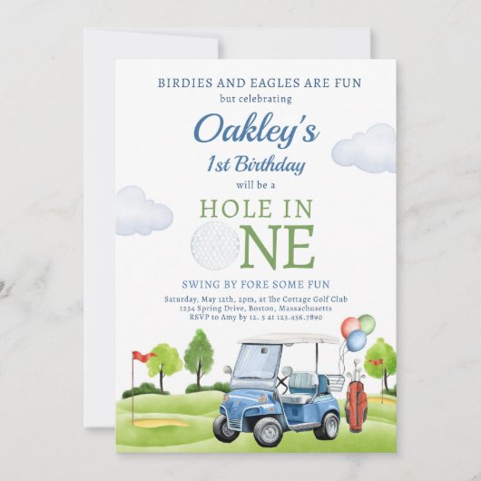 ゴルフホールインワンボーイファースト誕生日パー – ティー 招待状 (正面)