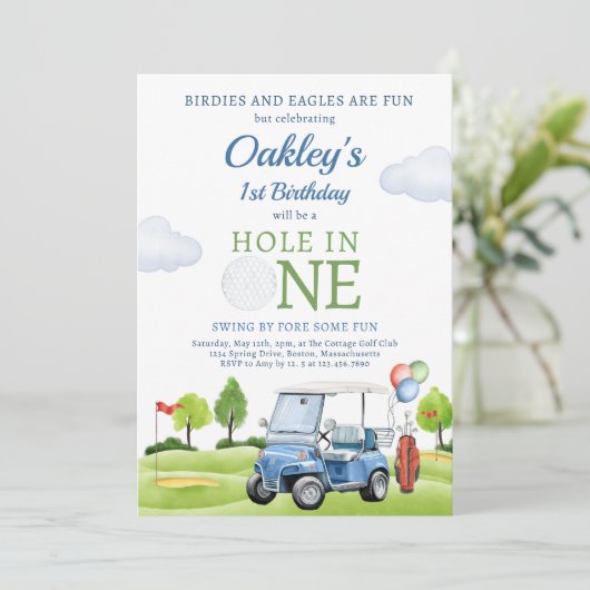 ゴルフホールインワンボーイファースト誕生日パー – ティー 招待状 (スタンド正面)