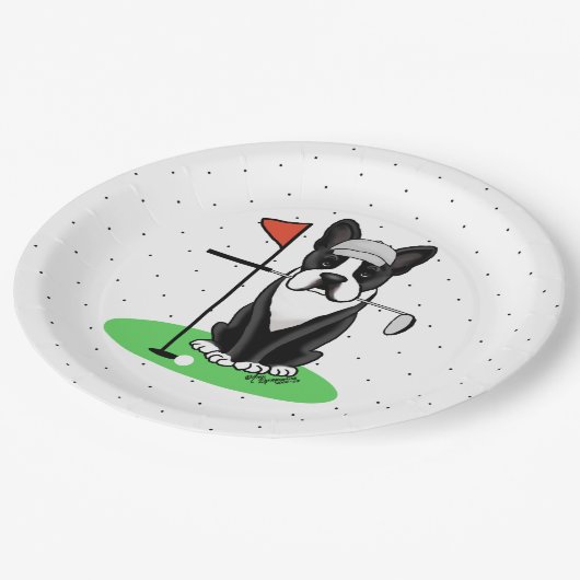 ゴルフボストンテリアードッグ(黒)かわいい ペーパープレート (アングル)