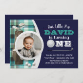 ゴルフボーイフューチャーゴルファー海軍写真第1誕生日 招待状 (正面/裏面)