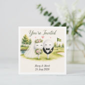 ゴルフボールがグリーンに描かれたゴルファーの結婚式招待状 セーブザデート (スタンド正面)